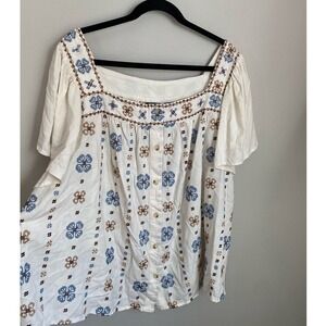 TORRID Embroidered Floral Flowy Cream Blouse Top 3X Boho Peasant Earthy Scandi